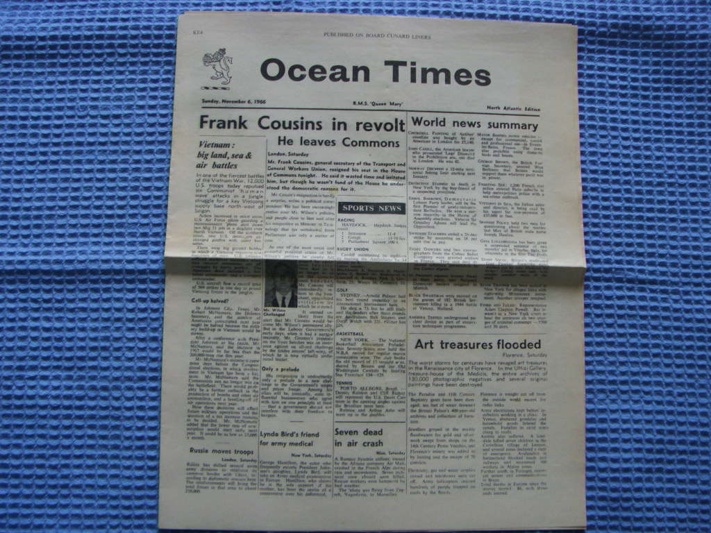 COPY OF THE RMS QUEEN MARY ONBOARD NEWSPAPER 'THE OCEAN TIMES' DATED NOVEMBER 1966